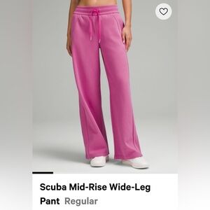 Lululemon NWT Pow Pink, scuba wide leg pant, mid-rise, sold out online.